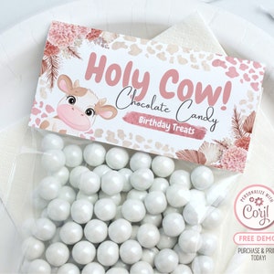 May include: A pink and brown favor bag with a cow illustration and the text "Holy Cow! Chocolate Candy Birthday Treats". The bag is filled with white chocolate candies.