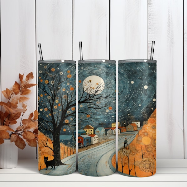 Autumn Moon Night 20oz Sublimation Tumbler Design, Straight and Tapered Skinny Tumbler Wrap PNG, Sublimation Design PNG, Instant Download