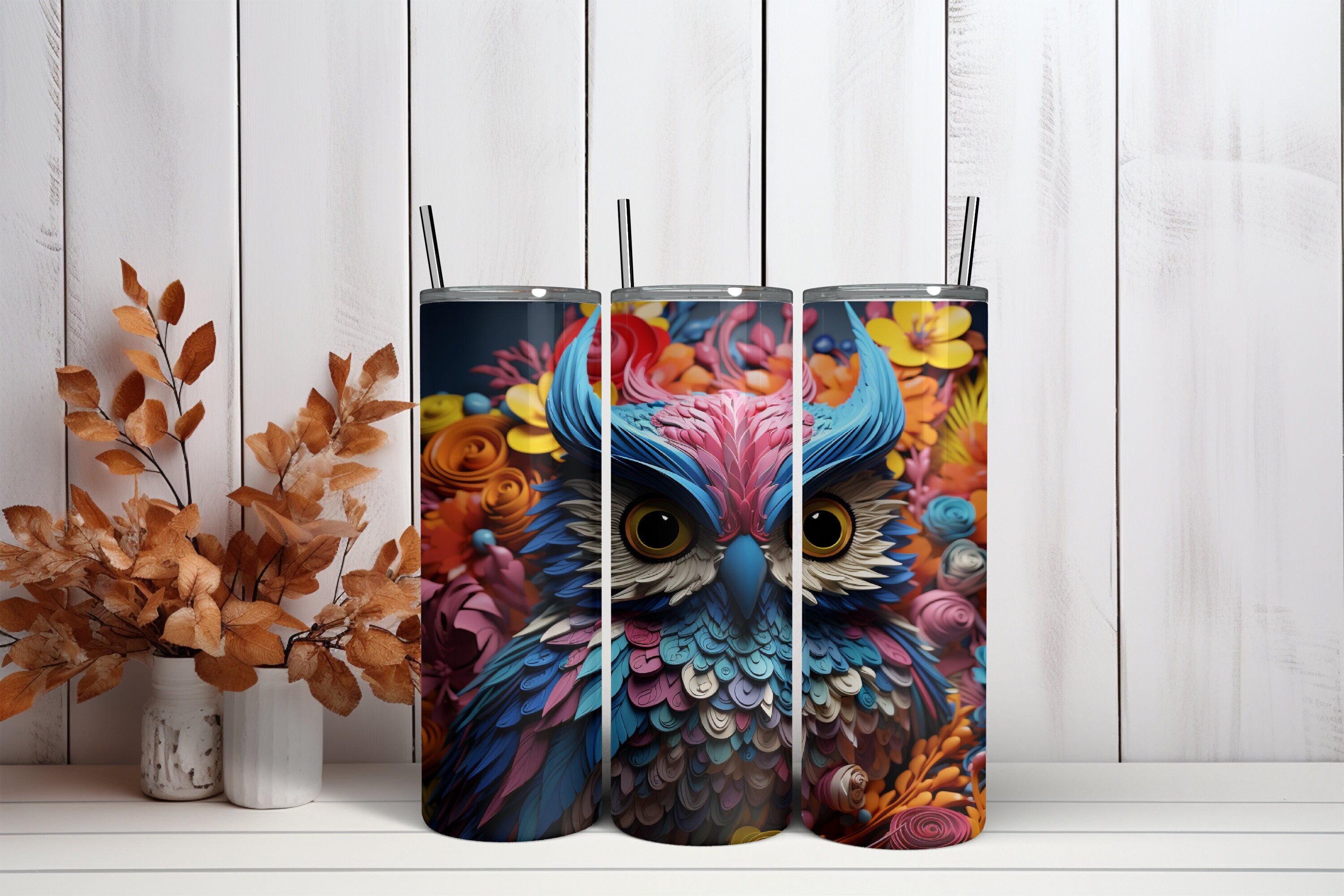 3D Multicolor Owl 20oz Sublimation Tumbler Designs, Straight and Tapered Skinny Tumbler Wrap PNG, Su