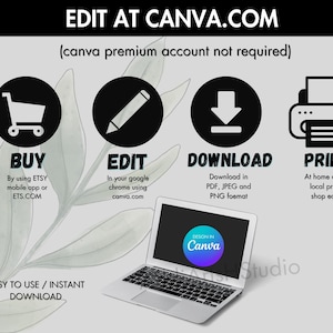May include: A graphic showing how to buy, edit, download, and print a design using Canva.com. The graphic features icons for each step, along with text describing the process. The text includes "EDIT AT CANVA.COM", "(canva premium account not required)", "BUY", "EDIT", "DOWNLOAD", "PRINT", "EASY TO USE / INSTANT DOWNLOAD", and "DESIGN IN Canva".