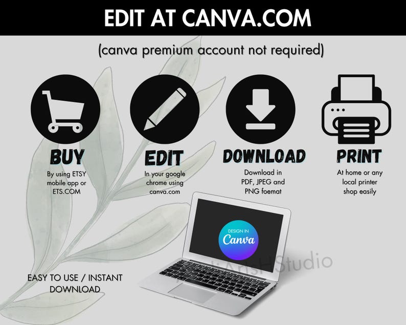 May include: A graphic showing how to buy, edit, download, and print a design using Canva.com. The graphic features icons for each step, along with text describing the process. The text includes "EDIT AT CANVA.COM", "(canva premium account not required)", "BUY", "EDIT", "DOWNLOAD", "PRINT", "EASY TO USE / INSTANT DOWNLOAD", and "DESIGN IN Canva".