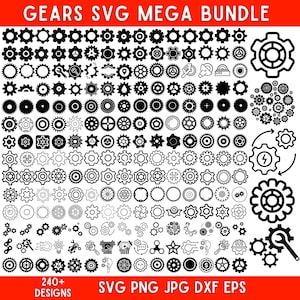 Puede incluir: Una gran colección de más de 240 diseños de engranajes en blanco y negro en formatos SVG, PNG, JPG, DXF y EPS. Los engranajes están dispuestos en filas y columnas sobre un fondo blanco.