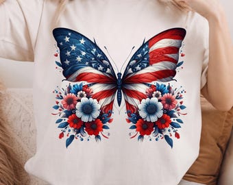 American Flag Butterfly PNG: Floral 4th of July Sublimation Design (Digital Download