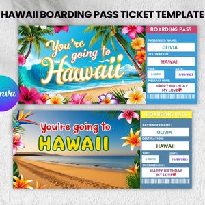Modèle de billet modifiable pour le voyage surprise à Hawaï, billet cadeau d'anniversaire, carte d'embarquement pour Hawaï, billet de vacances, modèle canva, téléchargement immédiat
