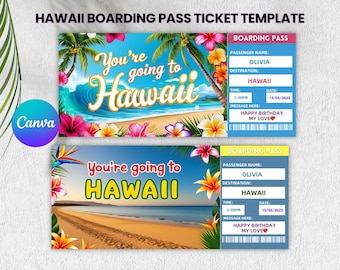 Hawaii Surprise Trip Ticket Template: Editable Birthday Gift (Canva, Instant Download)