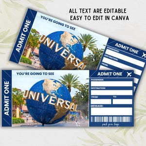 May include: Two blue and white printable admission tickets with the text "ADMIT ONE" and a globe with the word "UNIVERSAL" on it. The text "YOU'RE GOING TO SEE" is above the globe. The text "ALL TEXT ARE EDITABLE EASY TO EDIT IN CANVA" is at the top of the ticket.