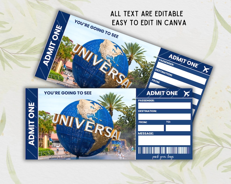 May include: Two blue and white printable admission tickets with the text "ADMIT ONE" and a globe with the word "UNIVERSAL" on it. The text "YOU'RE GOING TO SEE" is above the globe. The text "ALL TEXT ARE EDITABLE EASY TO EDIT IN CANVA" is at the top of the ticket.