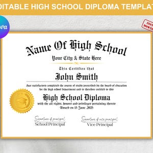 Editable High School Diploma Template, Home School Diploma, High School Diploma, Diploma Replica Template, Digital Download,Diploma Template