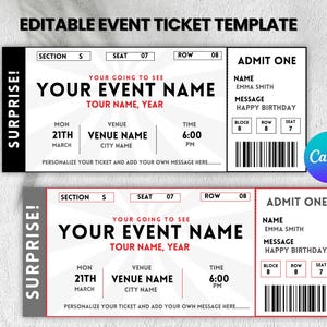 Bearbeitbare Ereigniskartenvorlage, Geburtstagsüberraschungsgutschein, Ticketvorlage, Musical-Karte, Theateraufführung, sofortiger Download, Canva-Vorlage