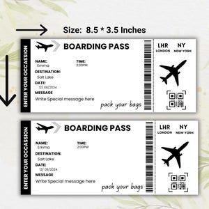 Peut inclure: Un mod&egrave;le de carte d'embarquement imprimable pour un voyage &agrave; Salt Lake City. Le mod&egrave;le pr&eacute;sente un design noir et blanc avec une ic&ocirc;ne d'avion, les mots "Boarding Pass" et le texte "Enter Your Occasion". Le mod&egrave;le mesure 8,5 pouces par 3,5 pouces.