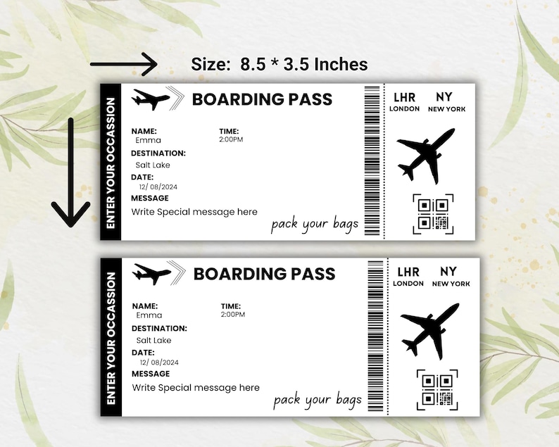 Peut inclure: Un mod&egrave;le de carte d'embarquement imprimable pour un voyage &agrave; Salt Lake City. Le mod&egrave;le pr&eacute;sente un design noir et blanc avec une ic&ocirc;ne d'avion, les mots "Boarding Pass" et le texte "Enter Your Occasion". Le mod&egrave;le mesure 8,5 pouces par 3,5 pouces.
