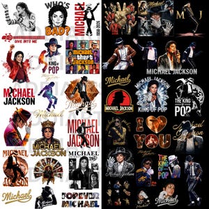 May include: A selection of graphic designs dedicated to Michael Jackson. The designs incorporate portraits, silhouettes, and text like "Who's Bad?" and "King of Pop." The images are in diverse styles, including illustrations and photographs, set against a black backdrop.
