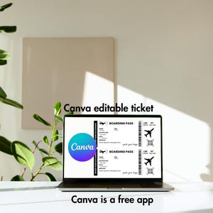 Peut inclure: Un ordinateur portable affichant un mod&egrave;le Canva pour une carte d'embarquement. Le mod&egrave;le est noir et blanc avec un logo Canva bleu et vert. Le texte &agrave; l'&eacute;cran indique "Boarding Pass" et "Canva is a free app".