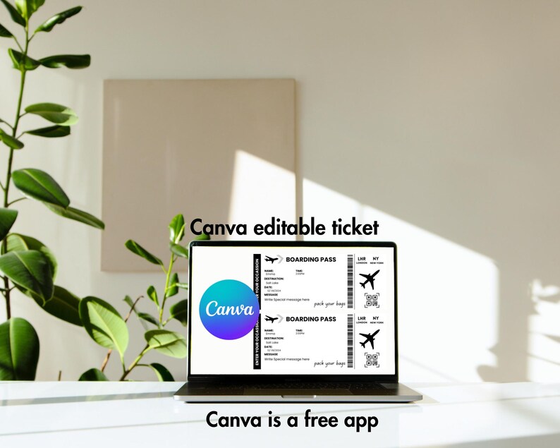 Peut inclure: Un ordinateur portable affichant un mod&egrave;le Canva pour une carte d'embarquement. Le mod&egrave;le est noir et blanc avec un logo Canva bleu et vert. Le texte &agrave; l'&eacute;cran indique "Boarding Pass" et "Canva is a free app".