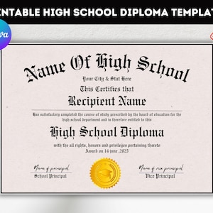 Editable High School Diploma Template, Home School Diploma, High School Diploma, Diploma Replica Template, Digital Download,Diploma Template
