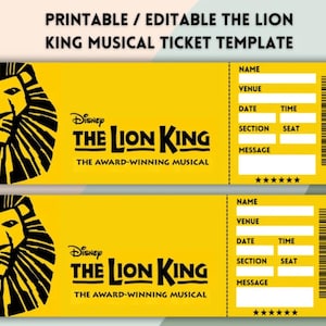 Puede incluir: Dos plantillas de boletos imprimibles amarillos para el musical "El Rey León". Cada boleto presenta el logotipo de Disney, el título del espectáculo y espacio para completar detalles como nombre, lugar, fecha, hora, sección, asiento y mensaje.