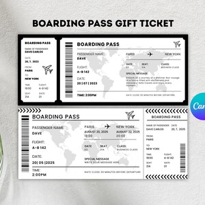 Modèle modifiable de carte d'embarquement, billet d'avion personnalisé imprimable, billet surprise anniversaire, modèle canva, téléchargement immédiat