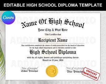 Editable High School Diploma Template, Printable Graduation Certificate Template, Canva Customizable Diploma, Replica Gift, Instant Download