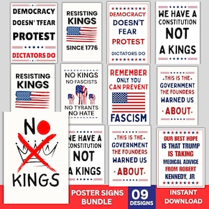 Paquete de carteles imprimibles de protesta anti-Trump, carteles "No Kings", "Resistir y defender la democracia" (imagen JPG), carteles para mítines de activistas políticos, descarga digital.