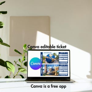 May include: A laptop computer screen displaying a Canva design template for a Universal Studios theme park ticket. The template features a blue and white color scheme with the Universal Studios logo and text that says "You're going to see Universal". The text "Canva is a free app" is displayed below the laptop.