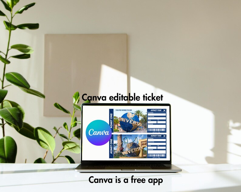 May include: A laptop computer screen displaying a Canva design template for a Universal Studios theme park ticket. The template features a blue and white color scheme with the Universal Studios logo and text that says "You're going to see Universal". The text "Canva is a free app" is displayed below the laptop.
