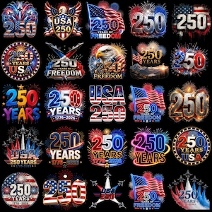 May include: A collection of twenty-five digital graphic designs celebrating the USA 250th anniversary. Each design features the number 250, American flags, bald eagles, fighter jets, and fireworks in red, white, and blue, with text including USA, 250 Years, and 1776-2026.