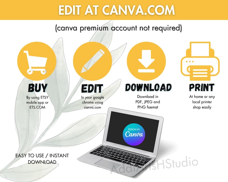 May include: A graphic with yellow circles and icons showing the steps to buy, edit, download, and print a digital product. The text says "EDIT AT CANVA.COM (canva premium account not required)". The text also says "EASY TO USE / INSTANT DOWNLOAD" and "DESIGN IN Canva".