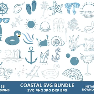 Puede incluir: Un conjunto de 35 diseños SVG de temática costera, que incluyen un flotador de flamenco, conchas marinas, una estrella de mar, una palmera, una tabla de surf, un ancla, una silla de playa, una copa de margarita y una concha. Los diseños son en azul y blanco y son perfectos para crear manualidades, invitaciones y otros proyectos.