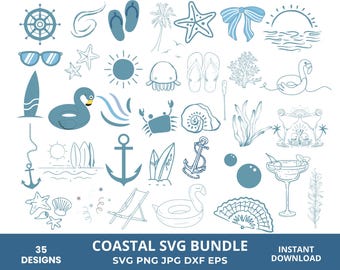 35+ Coastal Clipart Png Bundle, Beach Scene Elements, Ocean Png, Summer Png Bundle, Sublimation Design, Hand Drawn Coastal Elements