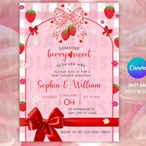 Editable Berry Sweet Baby Shower Invitation Template, Strawberry Baby Shower Invite, Pink Girl Baby Shower,Canva Invitation,Instant Download