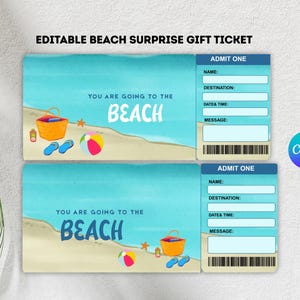 Bearbeitbares Strandausflugsgeschenkticket, Strandurlaubsreisegutschein, Tropische Reise, Ticketvorlage, Ereigniskarte, Ozeanreisekarte, Sofortiger Download