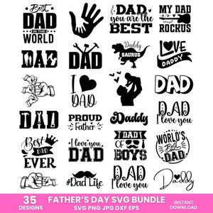 Op de afbeelding: Een verzameling zwart-witte Vaderdagontwerpen. De ontwerpen bevatten tekst zoals "Beste papa", "Papa, ik hou van je" en "Beste papa ter wereld". De afbeelding bevat ook een handafdruk, gereedschap en een silhouet van een vader en kind.