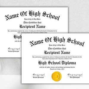 May include: A black and white printable high school diploma template with the text "Name of High School" and "High School Diploma".