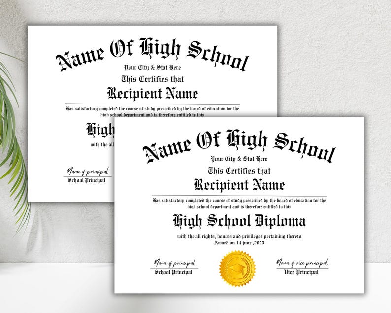 May include: A black and white printable high school diploma template with the text "Name of High School" and "High School Diploma".