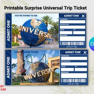 Bearbeitbares Überraschung Universal Trip Ticket, Universal Geschenkticket, Bordkarte, Ticketvorlage, Universal Studios, Canva Vorlage Digital