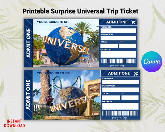 Editable Universal Studios Trip Ticket - Surprise Gift Boarding Pass (Canva Template Digital Download)