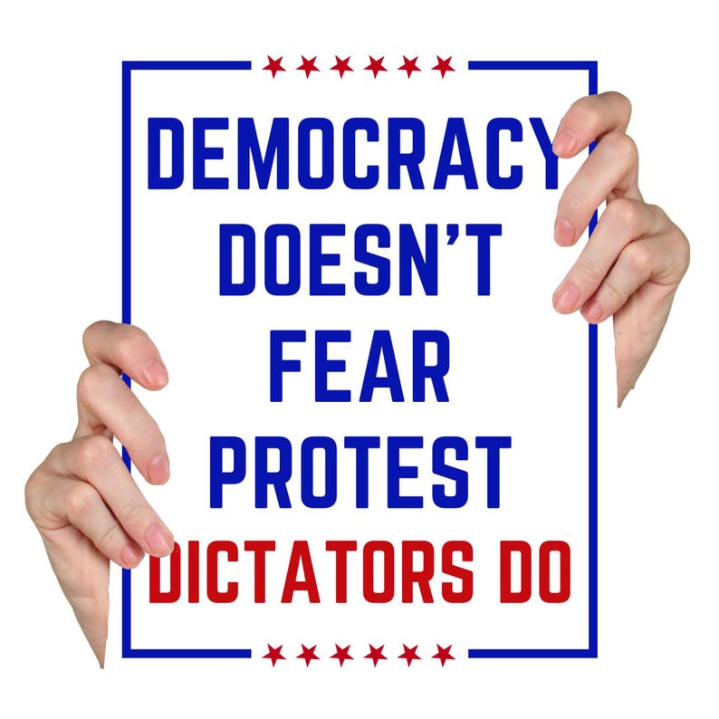 May include: A white sign with a blue border and red stars at the top and bottom. The sign reads "DEMOCRACY DOESN'T FEAR PROTEST DICTATORS DO" in blue and red text. The sign is held by two hands.