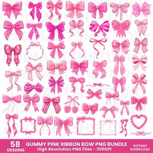 May include: A collection of 58 gummy pink ribbon bow designs in various styles. The bows range in shades of pink and feature different textures and shapes, including some with striped patterns and frames. The image includes the text "GUMMY PINK RIBBON BOW PNG BUNDLE".