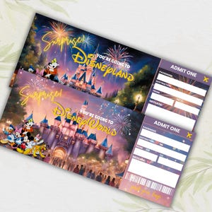 May include: Two printable tickets with a purple background and a picture of the Disney World castle. The text on the tickets says "Surprise! You're going to Disney World!" and "Admit One".