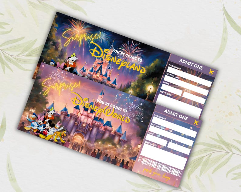 May include: Two printable tickets with a purple background and a picture of the Disney World castle. The text on the tickets says "Surprise! You're going to Disney World!" and "Admit One".