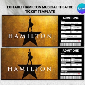 Puede incluir: Dos plantillas editables de entradas para el teatro musical "Hamilton". Las entradas tienen un fondo dorado con la palabra "HAMILTON" y una silueta de una persona. El lado derecho de la entrada es negro con campos para rellenar.