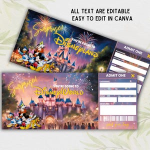 May include: A printable Disney World ticket invitation with a purple and pink background. The ticket features a cartoon image of Mickey Mouse and friends in front of Cinderella's Castle. The text on the ticket reads "Surprise! You're going to Disney World!" and "Admit One".