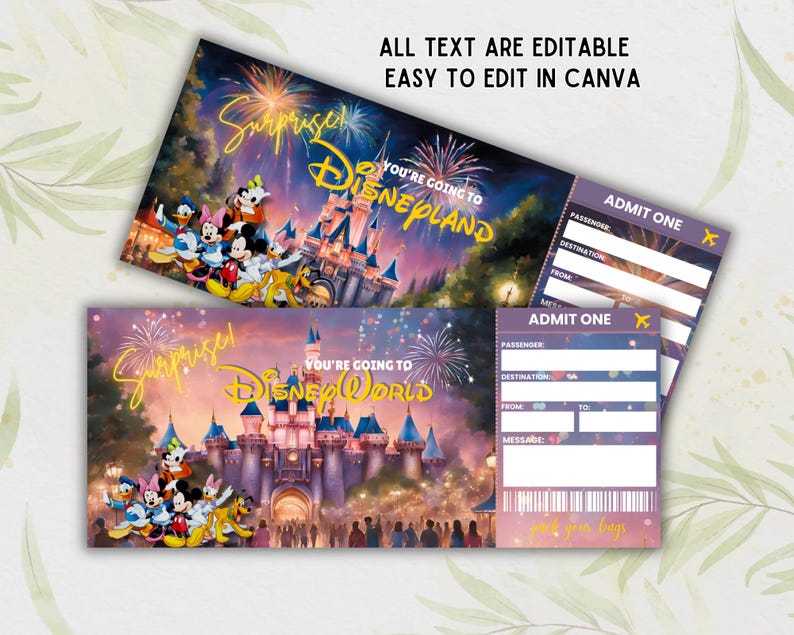 May include: A printable Disney World ticket invitation with a purple and pink background. The ticket features a cartoon image of Mickey Mouse and friends in front of Cinderella's Castle. The text on the ticket reads "Surprise! You're going to Disney World!" and "Admit One".