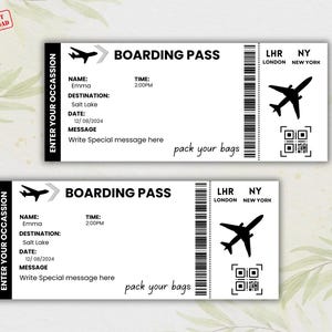 Peut inclure: Deux cartes d'embarquement imprimables en noir et blanc avec le texte "Boarding Pass" et "Enter Your Occasion". Les cartes comportent une ic&ocirc;ne d'avion noir, le texte "LHR Londres" et "NY New York", ainsi qu'un code QR.