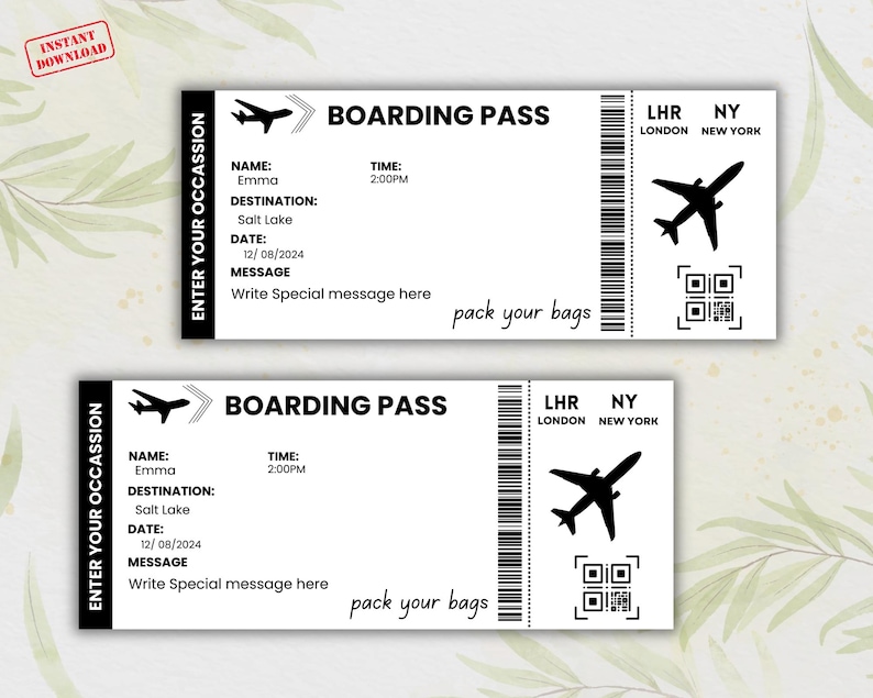 Peut inclure: Deux cartes d'embarquement imprimables en noir et blanc avec le texte "Boarding Pass" et "Enter Your Occasion". Les cartes comportent une ic&ocirc;ne d'avion noir, le texte "LHR Londres" et "NY New York", ainsi qu'un code QR.