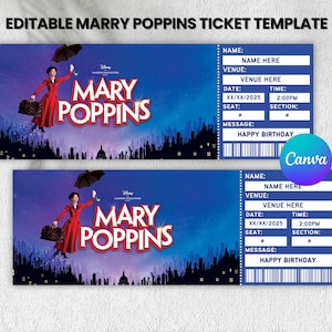 Bearbeitbares Mary Poppins Musical Ticket, Überraschungs-Geburtstagskarte, personalisierte Geschenkverpackung, Ticketvorlage, Sofort-Download, Canva bearbeitbar