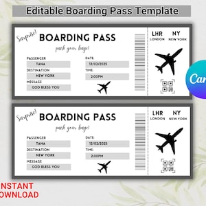 Modèle modifiable de carte d'embarquement, billet d'avion personnalisé imprimable, billet surprise anniversaire, modèle canva, téléchargement immédiat