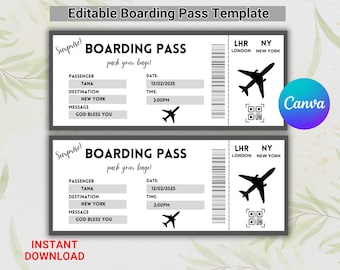 Editable Boarding Pass Template: Surprise Birthday Ticket (Canva, Instant Download)