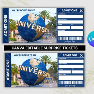 May include: Two blue and white printable tickets with the text "ADMIT ONE" and "YOU'RE GOING TO SEE UNIVERSAL" with a globe image. The tickets are designed to look like airline boarding passes.