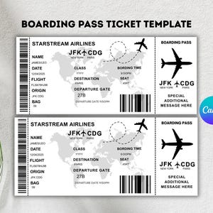 Könnte beinhalten: Eine druckbare Bordkartenvorlage für Starstream Airlines. Die Vorlage zeigt eine Weltkarte mit einer Flugrouten von JFK nach CDG sowie Felder für den Namen des Passagiers, das Datum, die Flugnummer, den Abflugort, das Ziel, das Abfluggate, das Abflugdatum, die Einstiegszeit, den Sitzplatz und einen Bereich für eine spezielle Nachricht.